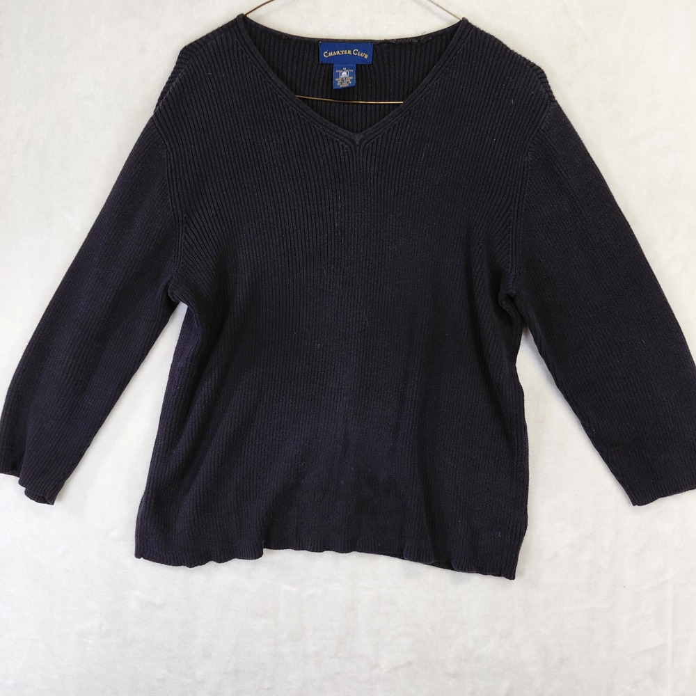 Charter Club Womens Navy Blue 100% Cotton Ribbed V-Neck Sweater Size Medium